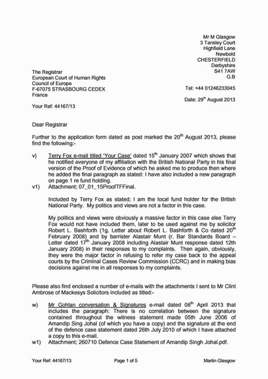 Addendum Letter Posted To ECHR 29 August 2013 Page 1