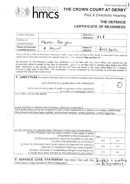 Defence Certificate of Readiness Plea and Directions Hearing Page 1