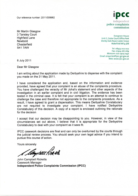 IPCC John Campbell Ricketts Dispensation Page 1