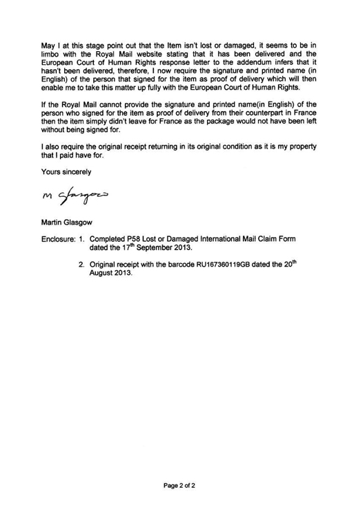 Royal Mail International Claim Form Cover Letter Page 2