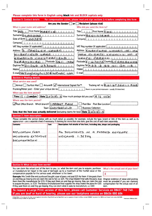 Royal Mail International Claim Form Page 2