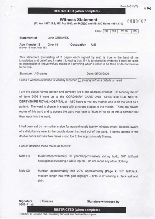 u16) Witness Statement of John Greaves Page 1