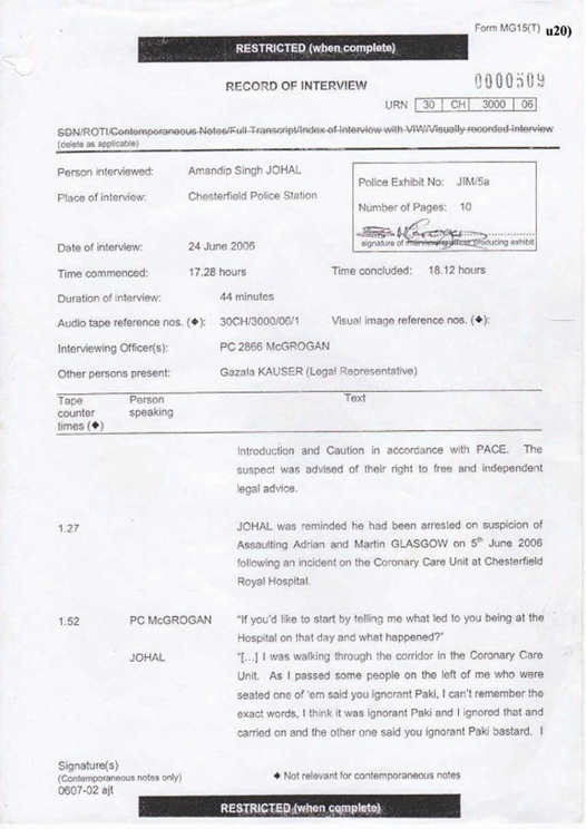 u20) Defendants Record of Taped Interview 1 Page 1