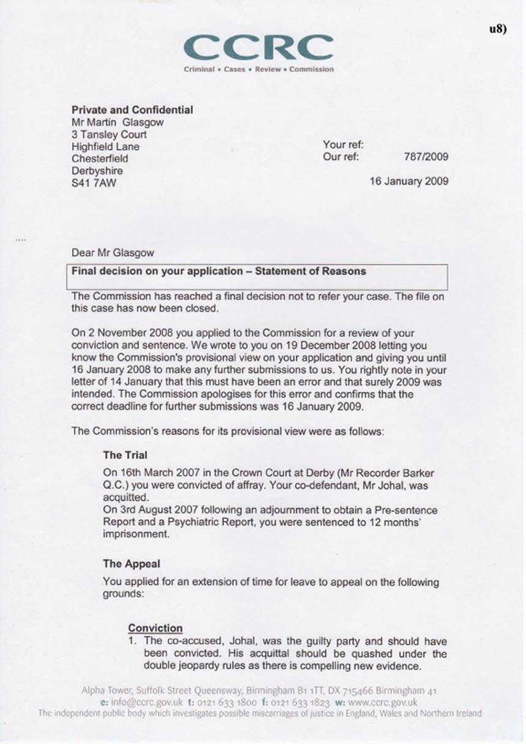 u8) CCRC Letter Dated 16th January 2009 Page 1
